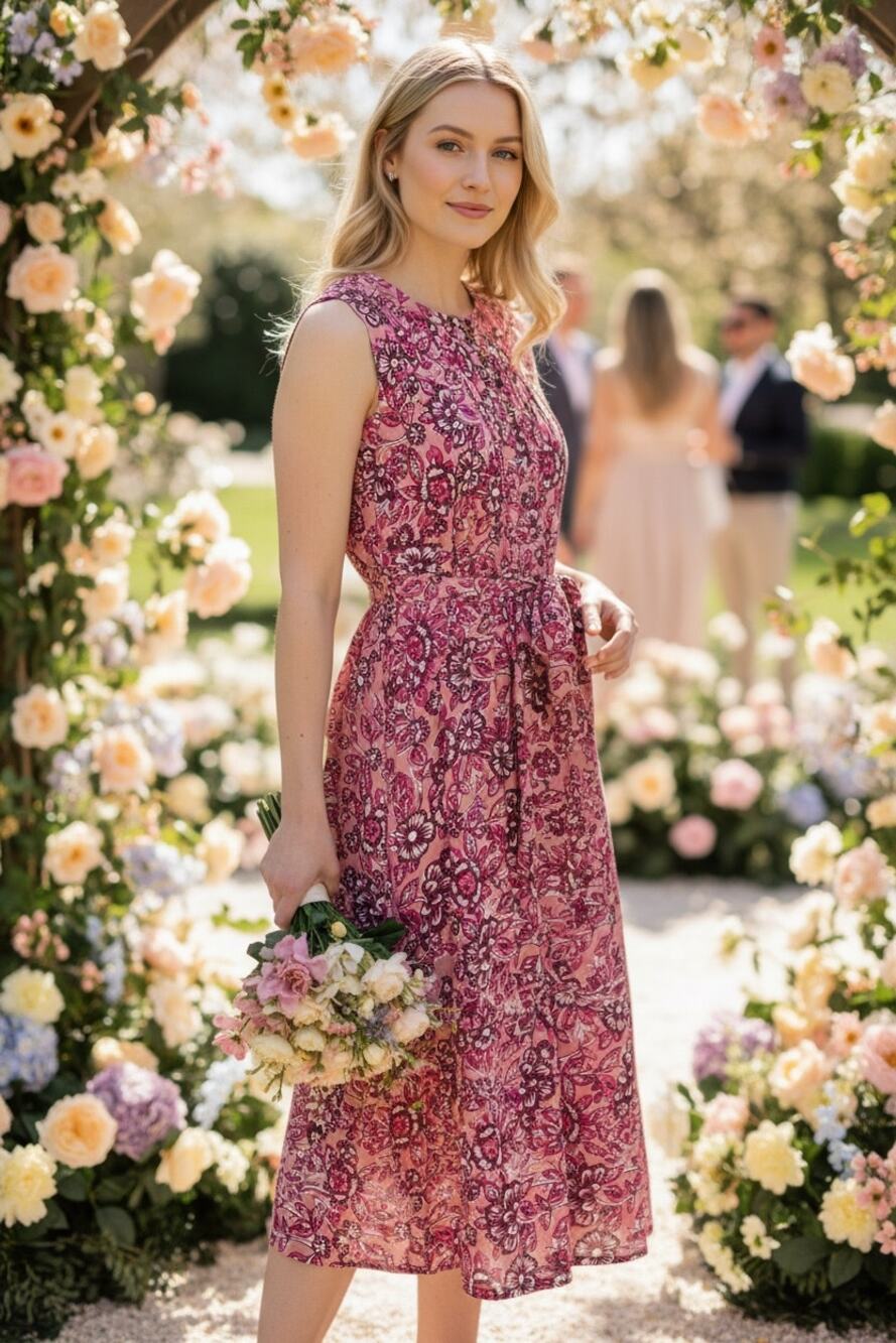 FAHERTY DRESS LINEN FLORAL MIDI PINK COTTAGECORE MILKMAID BOHO WESTERN COQUETTE